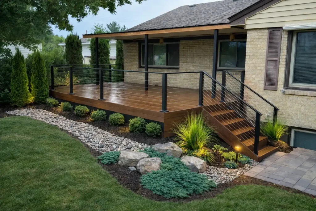 Elevated decking upgrade in Pocatello, ID with modern railing.